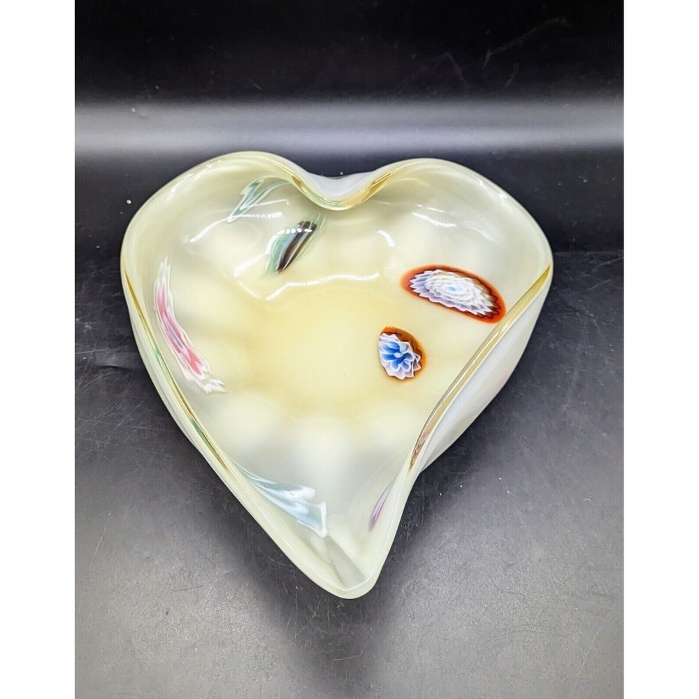 Murano Art Glass Heart Bowl Yellow Cased White Millefiori Red Green Blue 9.75"